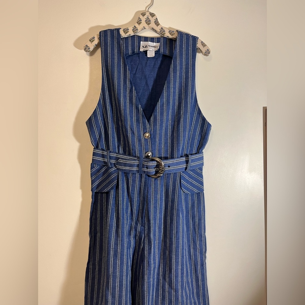 Vintage S.L. Fashions blue striped romper with belt